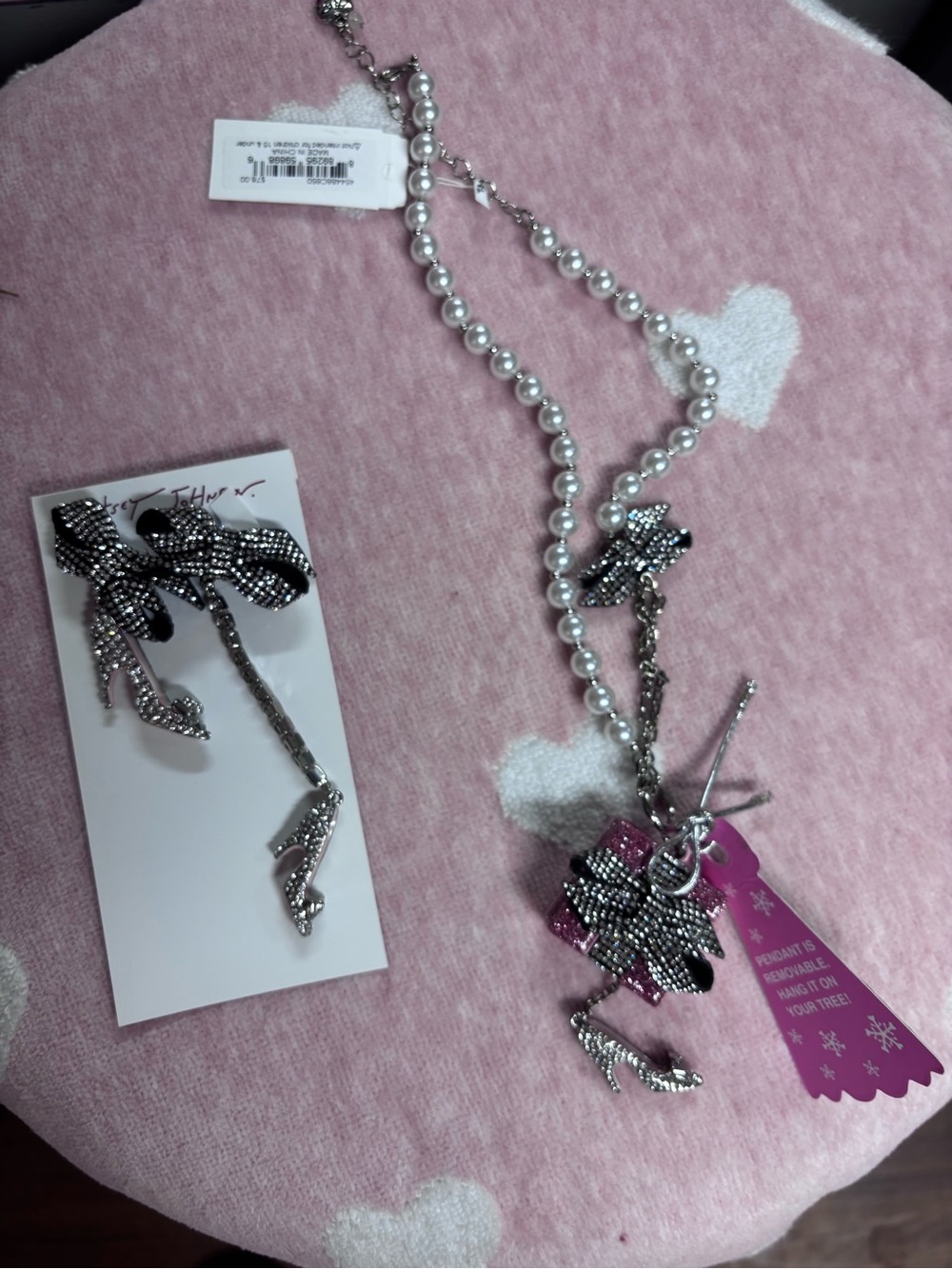 Betsey Johnson Silver Faux Pearl Necklace with Rhinestone Bow & Shoe Charms